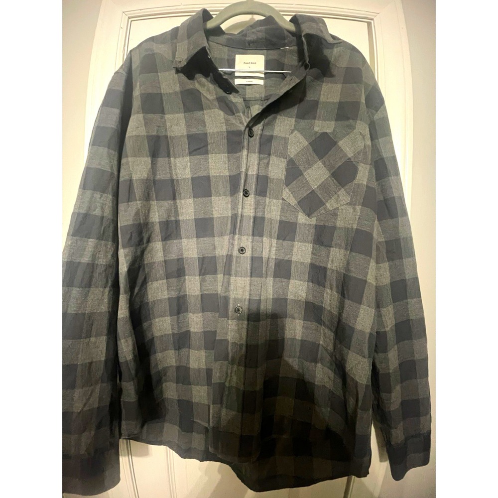 Billy Reid Gray/Black Plaid LS Button-Up Shirt L Regular Point Collar Pockets